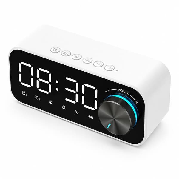 Vit Mini Bluetooth-högtalare, Bärbar, Klocka, Smart Kontroll, Nattlampa, Bas