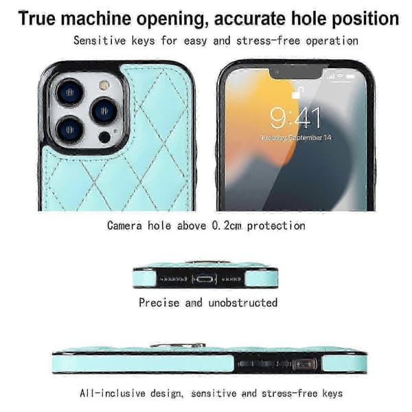 PU-lær + TPU-telefondeksel til iPhone 13 Pro Max, sydd rombe-ringholder med støtte Sky Blue