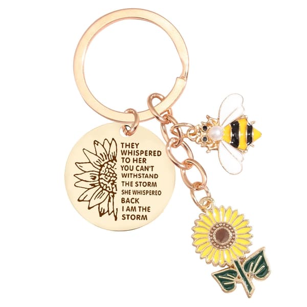 Solsikke Bi Nøglering, Rustfrit Stål, Guld, 3cm Rund, Elegant Design