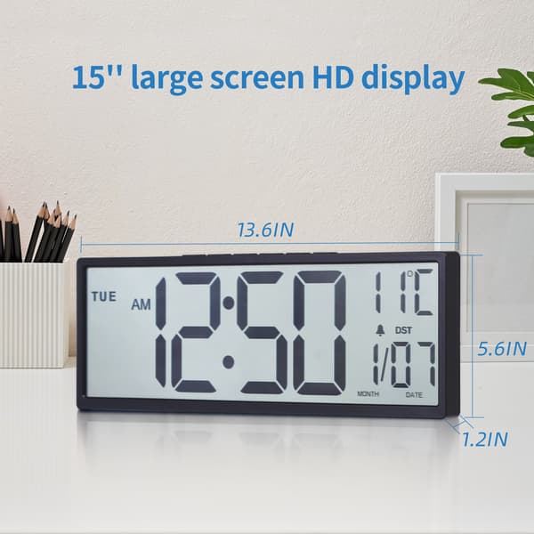 15\" stor digital väggklocka, batteridriven, stor display med datum, veckodag och temperatur, alarm