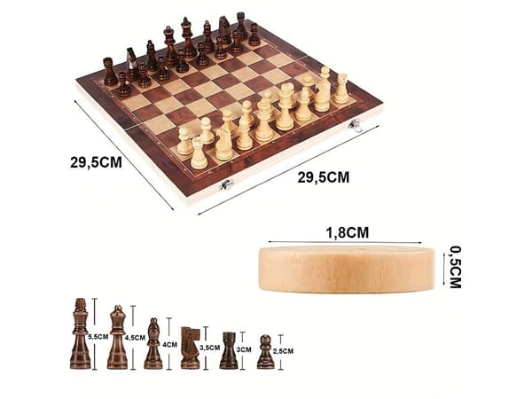 3-i-1 Sjakk, Dam og Backgammon Sett i Tre, Klassisk Brettspill for Voksne og Barn