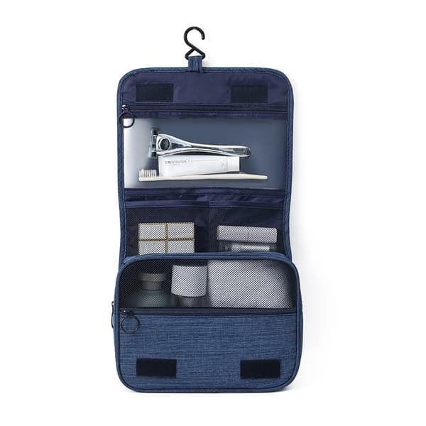Veggmontert toalettmappe med krok, blå, polyester, hengende reisekosmetikkorganisator