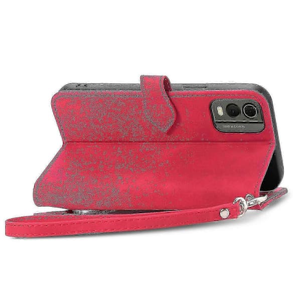 Flip Läderfodral med Blommönster, Dragkedja, Plånbok och Ställ för Nokia C32 - Red