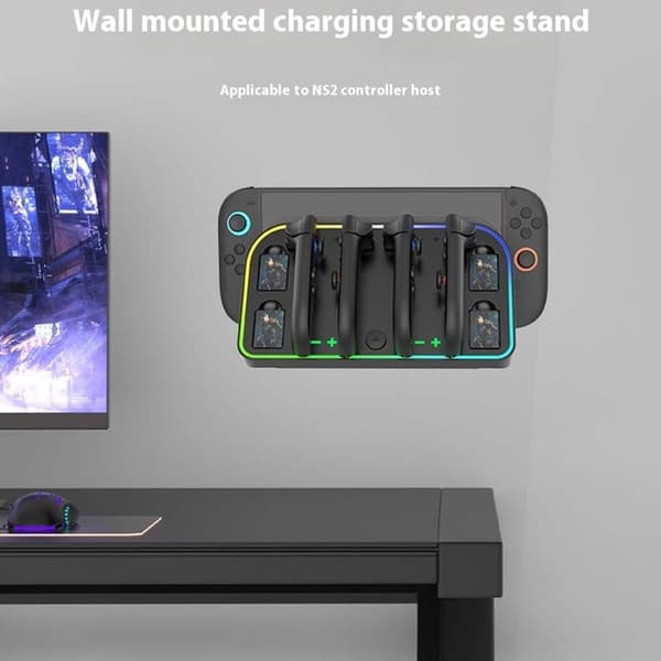 Vægmonteret ladestation til Nintendo Switch 2, RGB-lys, opbevaring til 4 enheder