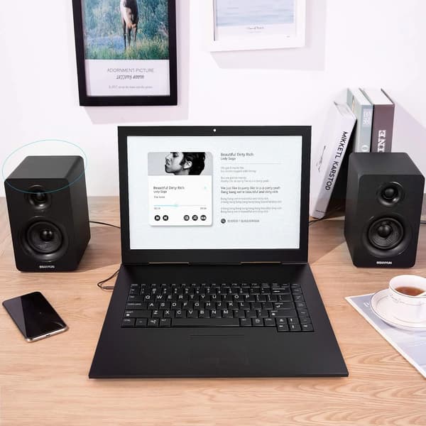 60W kolfiberhögtalare, Bluetooth 5.0 aktiv stereo, 24-bitars DAC med diskant- och basjustering