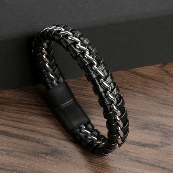 Flätat PU-läderarmband för män, svart, rostfritt stål, mode, storlek M