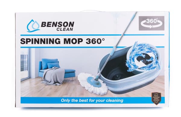 Mopping med bøtte 360° rotasjon, mikrofibermopp, rustfritt stålhåndtak, 7L, hardt gulv