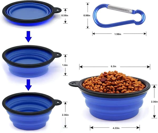 Sammenklappelig bærbar hundeskål til katte og hunde, foder- og vandskål til kæledyr med karabinhage Blue Medium(650ML)