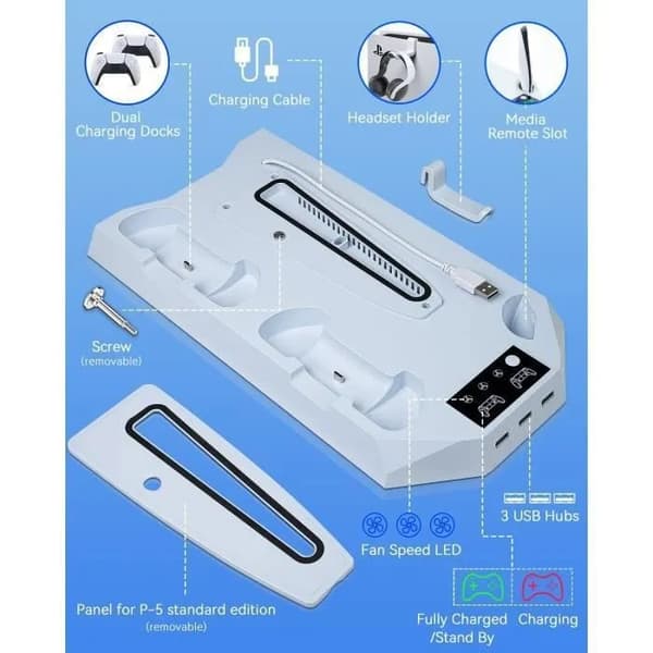 PS5 PS5 Slim Kjøleviftestativ, Dobbel Kontrollerlader med LED, 3 USB-porter white