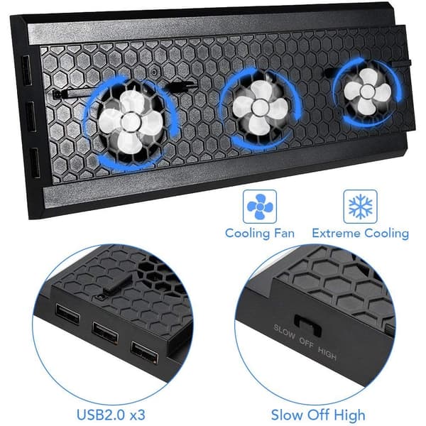 Xbox One X lodret stander med køleventilator og 3 USB-porte, sort