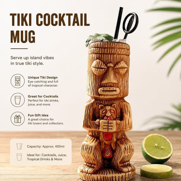 Tiki Keramikkrus 50cl, Håndglasert, Tropisk Cocktailkopp, Samleobjekt