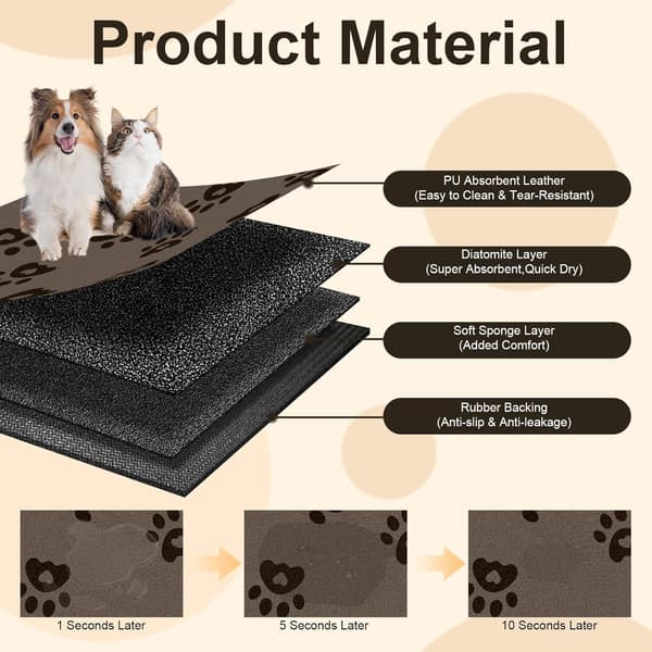 Absorberende vandtæt kæledyrsfodermåtte i gummi til hunde og katte, gulvmåtte til mad- og vandskåle. Brown 40x60cm