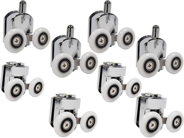 Brusedørsruller Sæt med 8, Grå, 4 Top & 4 Bund, Plast & Rustfrit Stål, 4-6mm Glas