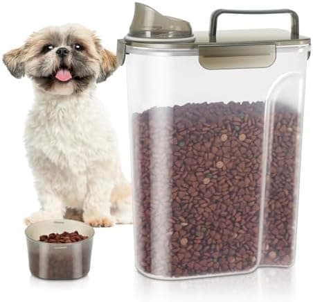 Foderbeholder til kæledyr, 2L/5L, bærbar til tørfoder, BPA-fri plast med låg, målebæger og hældetud Coffee Color