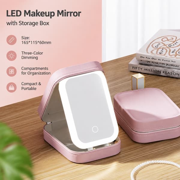 LED Makeup Spejl med Lys, Sort Opbevaringsboks, Dobbeltlags Kosmetik Organizer, Bærbar