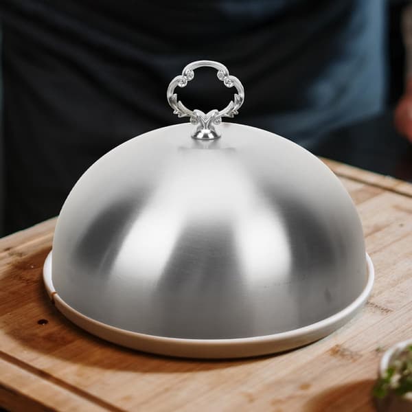 Smeltedome og stegeplade-bastedæksel i rustfrit stål, 14 cm, sølv med blomsterring til tilberedning af bøf og burger
