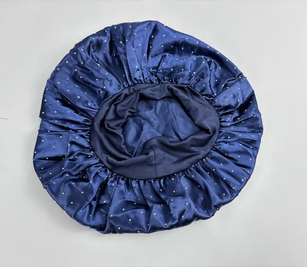 Satin sovmössa med strass, marinblå, mjuk polyester, anti-friss hårbonnet