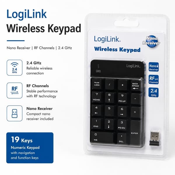 Trådløst numerisk tastatur, 18 taster, 2,4 GHz, kompakt, USB, for bærbar PC