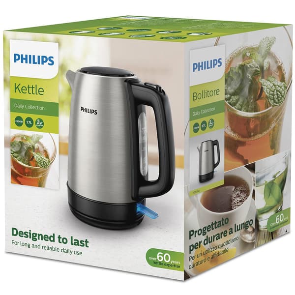 Philips Vannkoker HD9350/90, 1,7L, Rustfritt Stål, Rask Koking, Trådløs