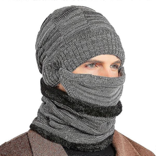 Varm vintermössa för män, stickad ullmössa, halsduk och maskset Grey
