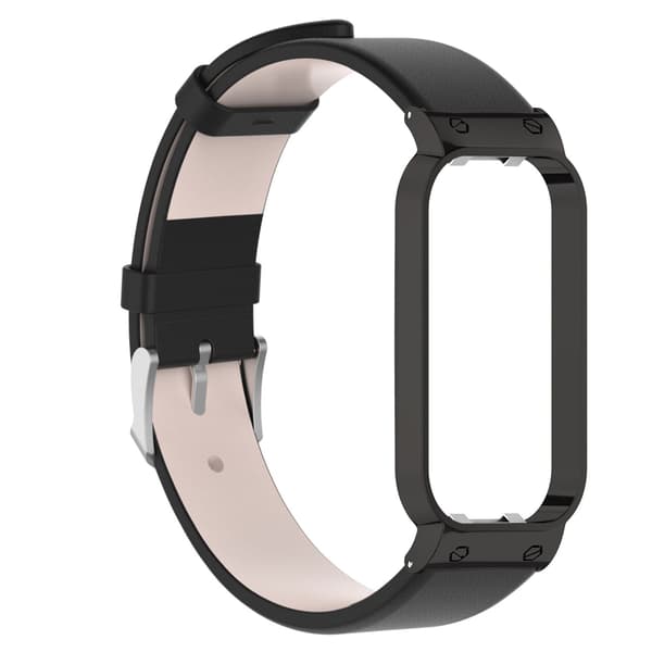 Ægte læder urrem med etui til Redmi Band 2, sort, spænde i rustfrit stål