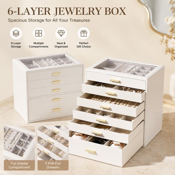 Smykkeskrin med stor kapacitet, 3 æsker 6 lag, opbevaring til øreringe, ringe, armbånd, hvid sort 3-Layer Leather White