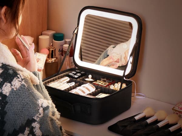Sminkepung med LED-speil, kosmetikkorganisator, reiseveske, USB-C-lading