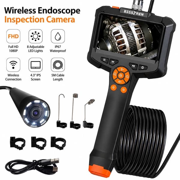 Langaton endoskooppi-tarkastuskamera 5m, Full HD, 8 LEDiä, 4,3\" IPS-näytöllä, IP67