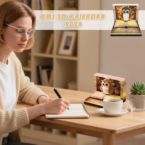3D Tidstykke Kalender 2026 Riv Av Utskjæringsnotisblokk, Ugle Skrivebordsdekor