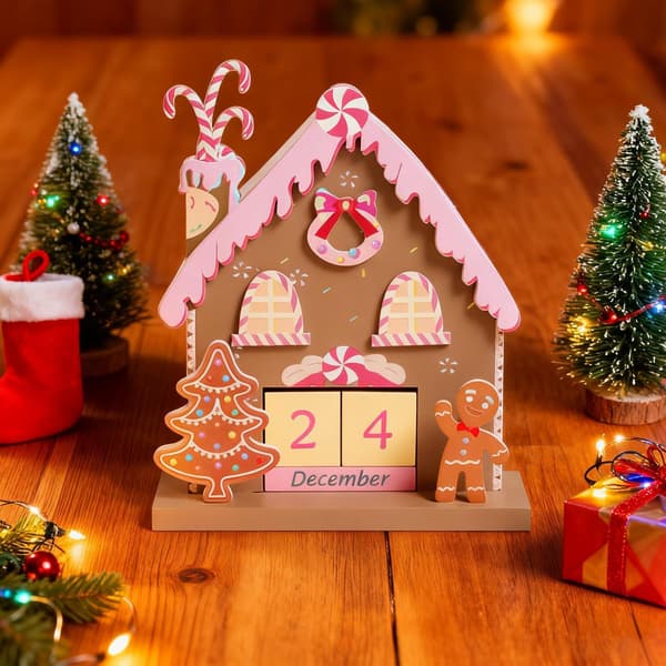 Skrivebordskalender i tre med pepperkake, julekalenderdekorasjon, 7,09x5,91x2,56 tommer