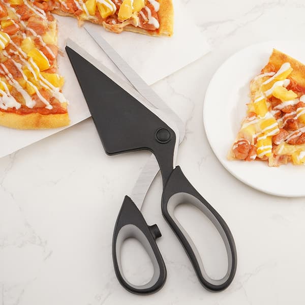 Pizzaleikkurisakset lastalla, ruostumaton teräs, terävä terä, ergonominen kahva, musta/harmaa