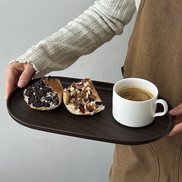 Valnøttfarget ovalt brett, tekoppbrett, snackskakebrett, kafédessertbrett, oppbevaringsbrett