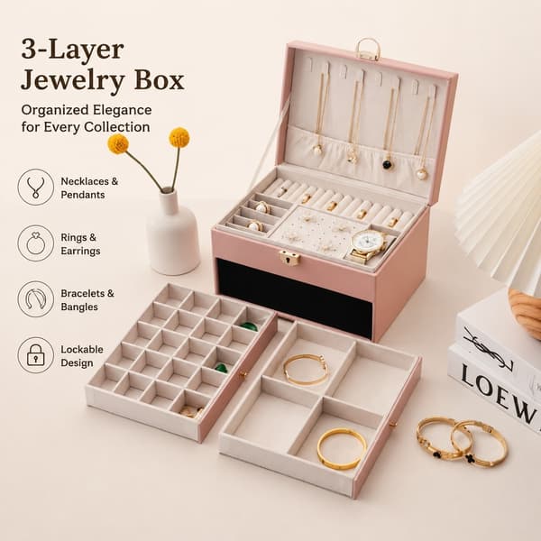 PU Læder Smykkeopbevaringsboks, Stor Kapacitet, Låsbar, Diamantmønster, Øreringe- og Halskædearrangør, Sort White Stud Earrings 2-Pack