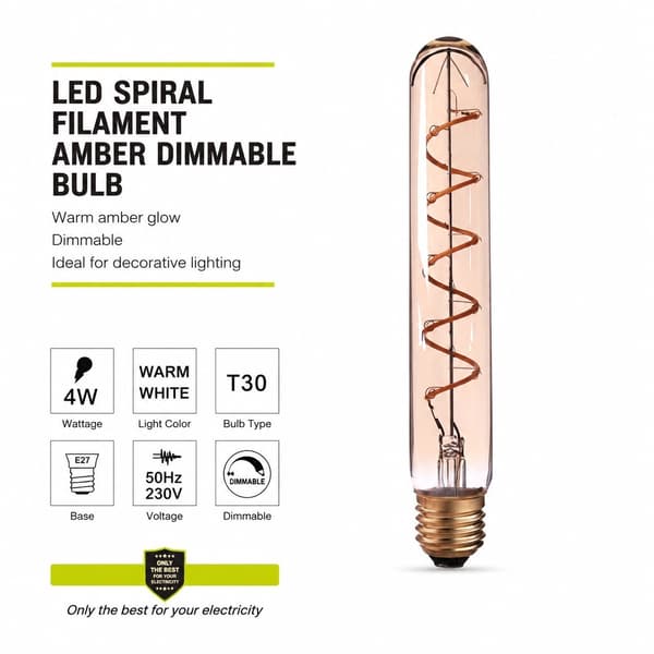 LED-spiraalifilamenttilamppu T30 4W E27 Amber, 30x255mm, himmennettävä