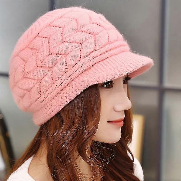 Virkmössa för kvinnor, stickad fleece Baker Boy Peaked Beanie Vintermössa Pink