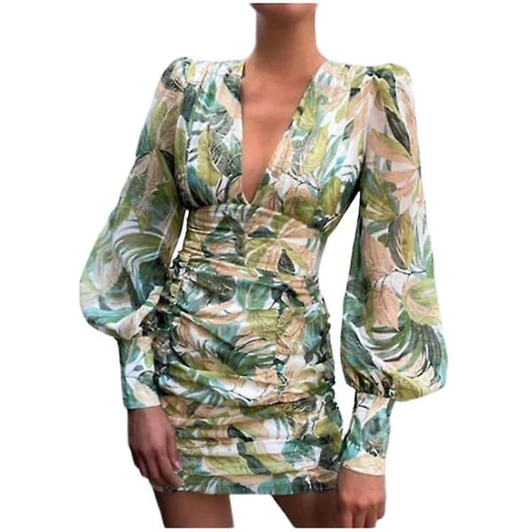 Dam Puffärm V-ringad Kort Klänning GREEN 3XL