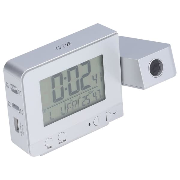Projeksjonsvekkerklokke med LED-bakgrunnsbelysning, USB-lading, tids- og temperaturvisning, multifunksjonell