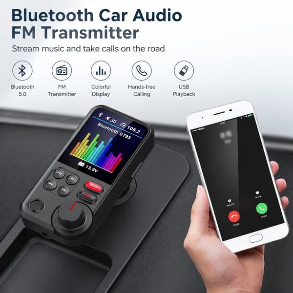 Bluetooth FM-lähetin, BT 5.0, Handsfree, QC-lataus, Kaiutin, 12-24V