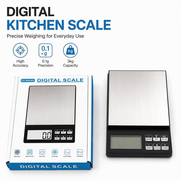 Digital køkkenvægt, 3 kg/0,1 g, rustfrit stål, sølv, kompakt, til mad, smykker, mønter