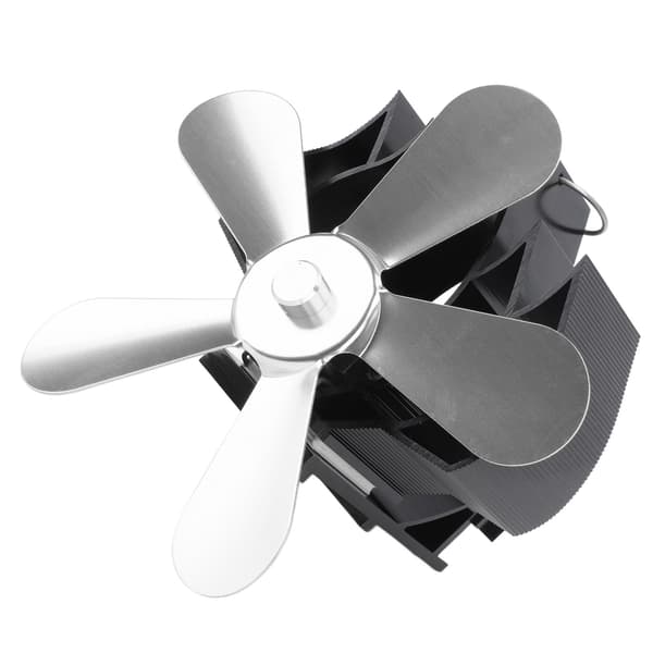 Vægmonteret varmefyret pejsventilator, 5 blade, brændeovnsventilator, sølv