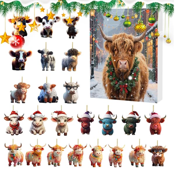 Julkalender med skotsk höglandsboskap, 24-dagars nedräkning, 2D akrylornament, Stil A