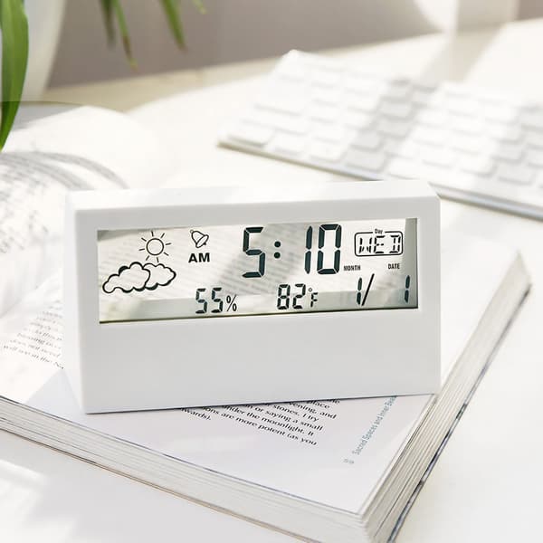 LCD Digitalt Vækkeur med Termometer Hygrometer, Hvid Transparent, Klart Display, til Soveværelse Kontor