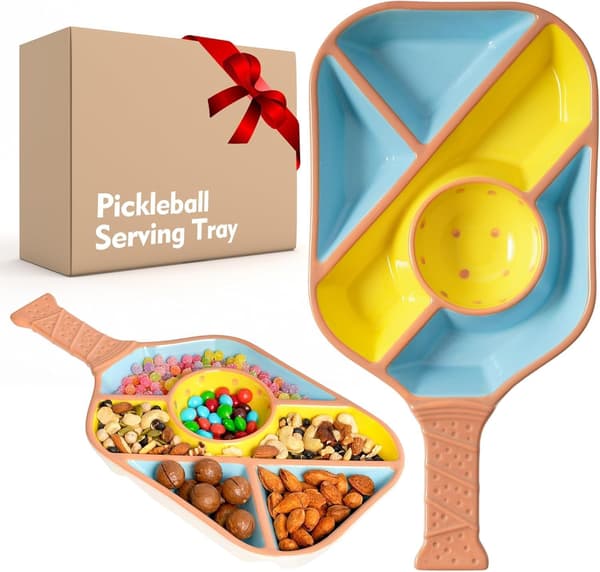 Pickleball Snackserveringsbakke, Keramisk Bat-formet Tallerken med 5 Rum og Dipskål, Blå, Gave til Fans