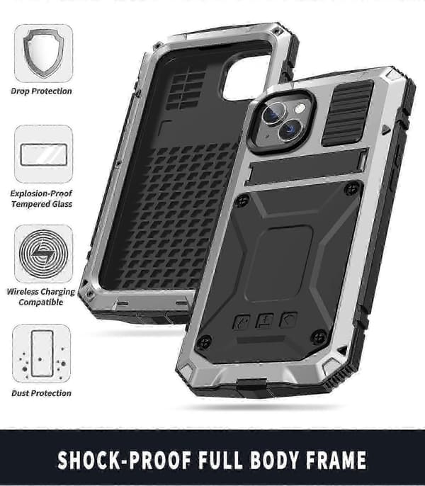 For iPhone 14 Plus R-JUST Støtsikkert Vanntett Støvtett Deksel med Holder Silver