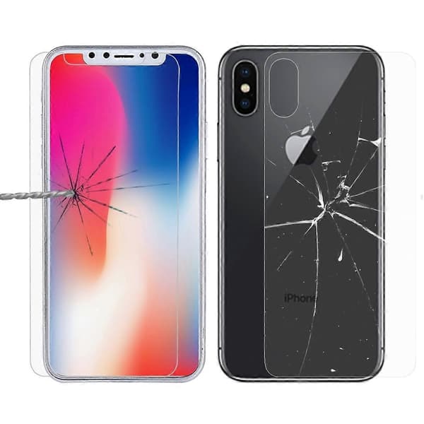 För iPhone X 9H ythårdhet 2.5D transparent härdat glas fram + bak skärmskydd