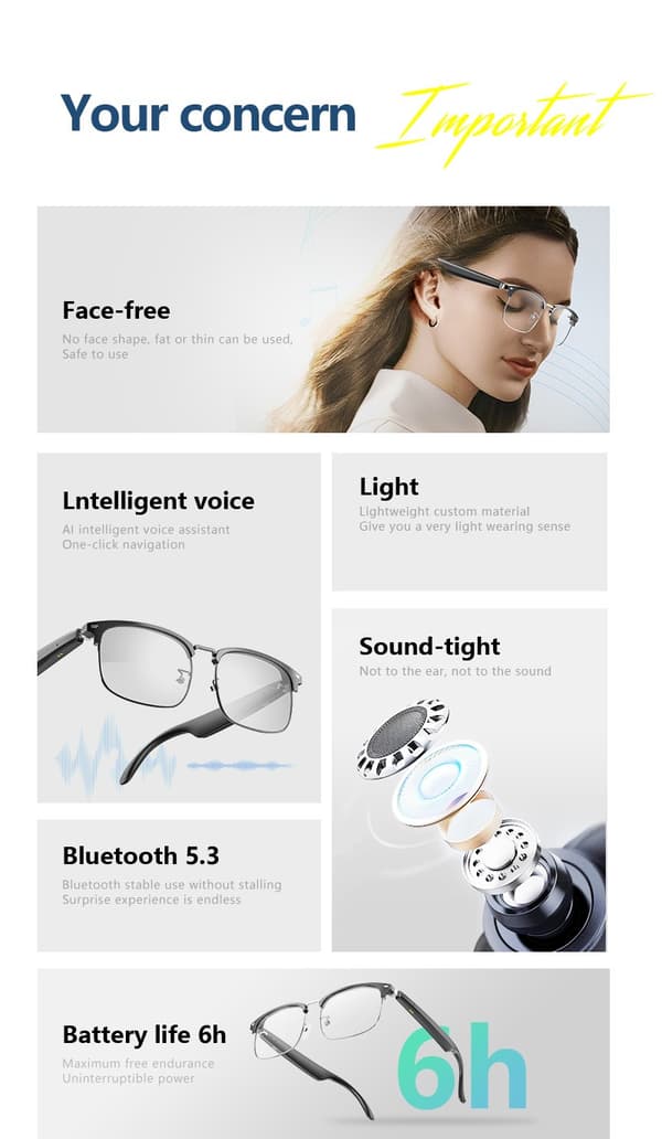 Smarte Bluetooth-briller, berøringskontroll, AI stemmeassistent, håndfri kommunikasjon