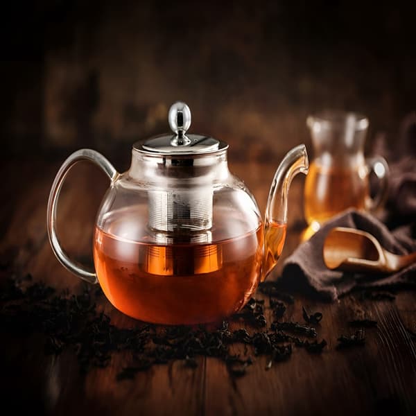 Glastekande med infuser i rustfrit stål, borosilikat, sikker til komfur, blomstrende og løs te, 800 ml
