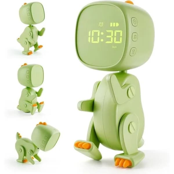 Dinosaur Vækkeur til Børn, Grøn, Genopladeligt med Natlys, Snooze & Timer