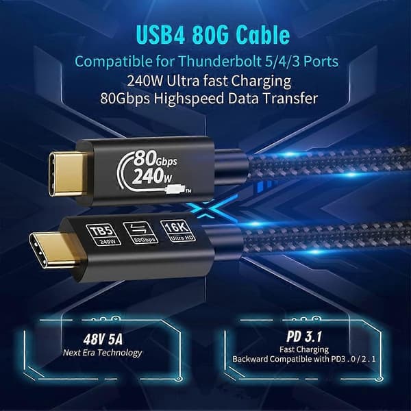 USB Thunderbolt 5-kabel 4K@544Hz 80Gbps Type C til USB C PD 240W 16K opladerkabel til Macbook HUAWEI PC bærbar computer