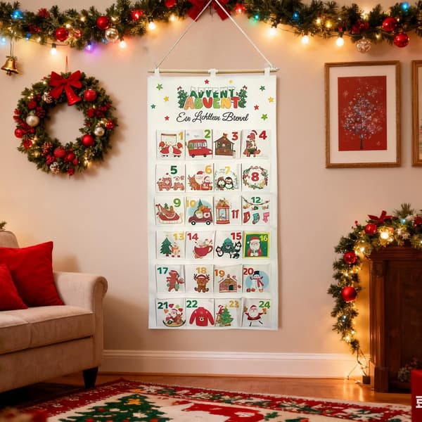 Julkalender i tyg med 24 fickor, hängande godispåsar, 60x115cm